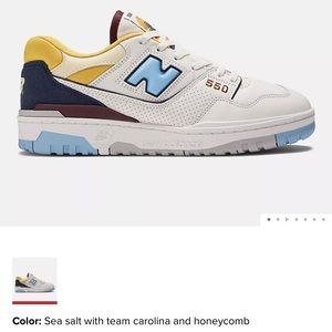 Men’s S12 New Balance 550 in Sea Salt with team Carolina & Honeycomb.